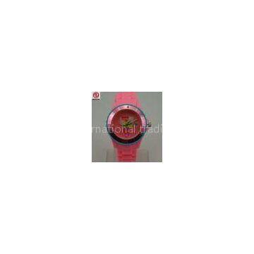 Pink Silicone Strap Wristwatch, Calendar Dial Quartz Ice Ladies Watch, 44mm Plastic Case
