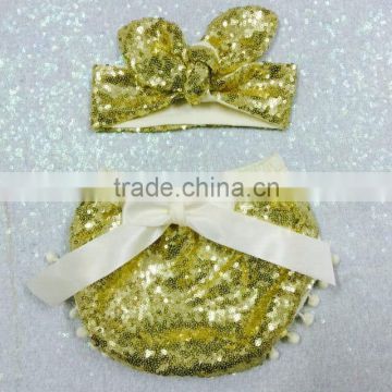 Girls Gold cotton sequin shorts with matching headband for 1st Birthday Party,Bottom Photo Prop,sequin bloomer with pom pom trim