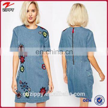 Alibaba express clothing wholesale denim dress with flower applique