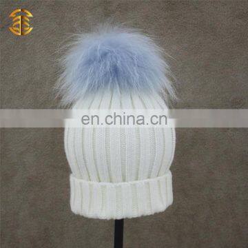 Factory Wholesale Price White Wool Girl CC Beanie Hat with Fur Ball