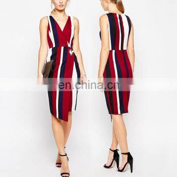 Wholesale Cheap Elegant Deep V-neck Contrast Color Patterns Sexy Trendy Office Dress