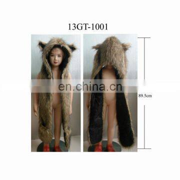 fluffy faux fur animal hat scarf gloves set, winter fashion ladies hooded scarf hat