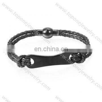 Black leather stainless steel bangle cuff bar engraved