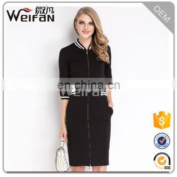 2016Half Sleeve Zipper Slim Women One-Piece Dress Black And White Striped Ladies Jacket Evening Dresses