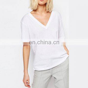 Wholesale simple design short sleeves V-neck fashion women blank white t-shirt