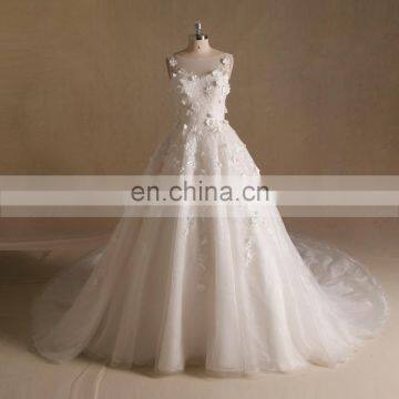 Noble Scoop Neck Corded Flowers Puff Aline Wedding Dress Long Train Sleeveless