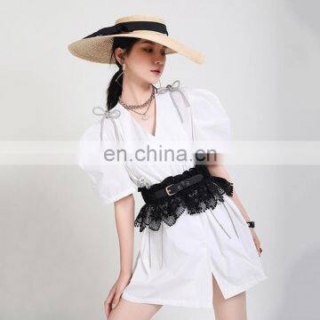 TWOTWINSTYLE Bandage Women's Dress Cross V Neck Puff Short Sleeve Patchwork Bowknot Mini Dresses photo-3