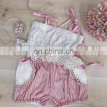 GIRL Sweet Summer Outfit Baby White Lace Ruffle Tops & Striped BLOOMERS 2pcs Sets photo-6