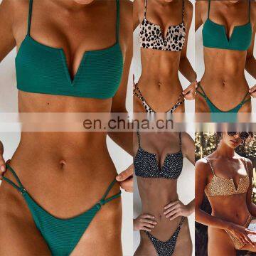 2019 SUMMER Ladies Ties Halter Padded Push Up Bikini Solid Thong Bathing 2 Pieces Swimsuit Women