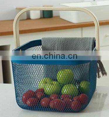 New Manufacture Hot Selling Popular Metal Wire Iron Black Picnic Fruit Basket With Wood Handle Kitchen Home Storage Basket photo-3