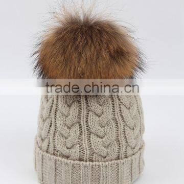 Custom Wool Knitted Racoon Fur Pom Pom Beanie Hat