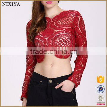 Zipper Back Long Sleeve Crochet Crop Tops for Women 2016 Lace Tops Women