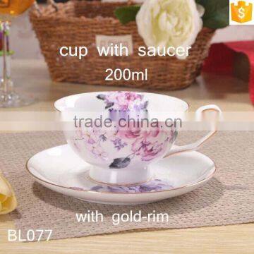 Elegant Flower Decal With Gold-rim Round Shape Porcelain Cup & Saucer 200ml Bone China Cup With Saucer