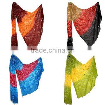 Exquisite Ethnic Indian Cobalt Blue Red Yellow Tie & Dye Bandhani Chiffon Cotton Stole for Women & Girls