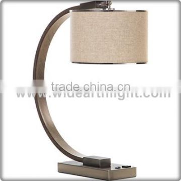 UL CUL Listed Brushed Nickel Round Linen Shade On/Off Switch Modern Table Lamp With Outlet For Hotel Bedroom T50102