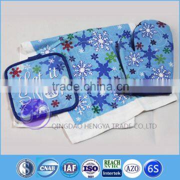 cheap wholesale custom printed christmas pot holder and oven glove and towel set