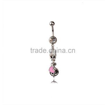 Sliver Plated Fox with Pink Heart Drop down Dangle Belly Button Naval Ring.