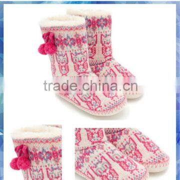 owl pattern knit indoor slipper boots with cute pom-pom