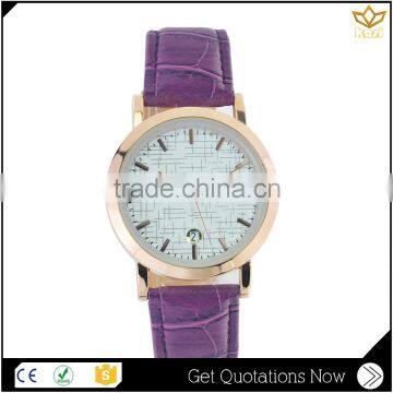 China manufacture purple leather waterproof alloy watch case time date and analog display quartz wristwatches Y013