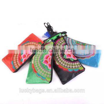 2016 new flower design satin face coin purse mobile phone bag ethnic embroidered bag