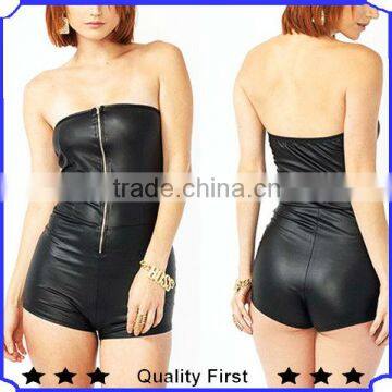 faux leather rompers with a strapless cut with an exposed functioning zipper on the front sexy women fashion pants