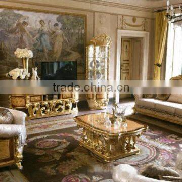Royal Castle Glass Entertainmen Unit inlaid Wood Veneer, Carved Wooden Living Room Furniture TV Cabinet Set