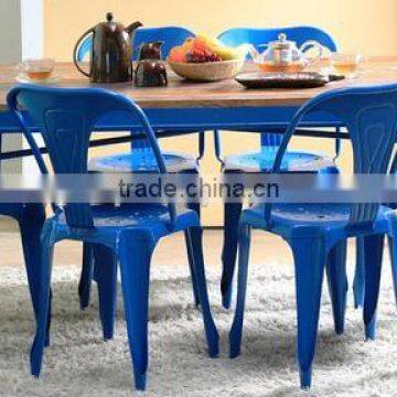 Blue color wooden top six sitter iron dining table set