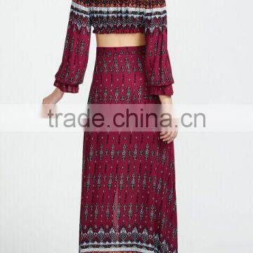 Picture of Long Skirts and Tops Vintage Print Drawstring Top With Split Skirt photo-3