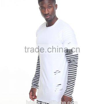 Crew Neck Tees Sleeve Color Block Stripe Layer Men's Longline t Shirt photo-5