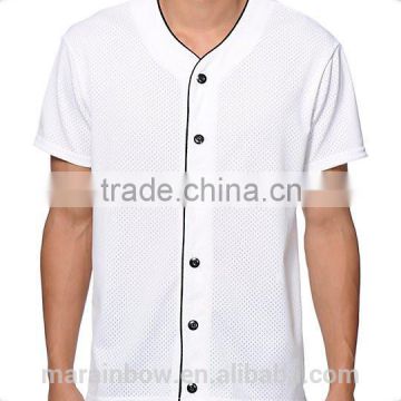 OEM 100% Polyester Mesh Baseball Jersey Button Up Baseball Jersey White Plain Baseball Jersey with Contrasting Black Piping