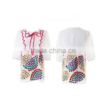 lotus leaf collar mid-long sleeve water printing blouse for lady