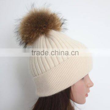 Myfur Wholesale Classic Beige Angola Rabbit Custom Knitted Pom Beanie Hat with Fur Pom