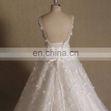 Noble Scoop Neck Corded Flowers Puff Aline Wedding Dress Long Train Sleeveless photo-4