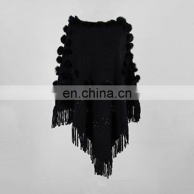 Women O-Neck Solid Fur Ball Tassel Cloak Loose Shawl Sweater photo-5