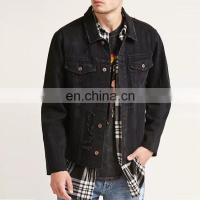 Oem bulk wholesale clothing new model distressed jean bomber cotton black mens denim jacket