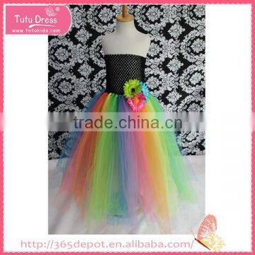 Light rainbow color flower fluffy voile girl's dress children frocks designs