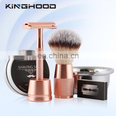 Men shaving matte rose gold double edge safety razor with replacement blades