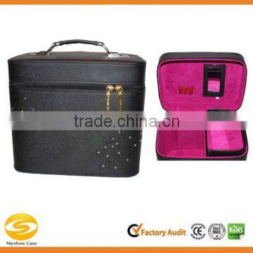 Black leather cosmetic box with mirror makeup carry case