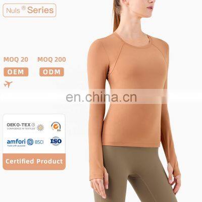 Custom Logo Slim Fit Women Long Sleeve Tops Out Wear Nude Sports T Shirt With Thumb Holes