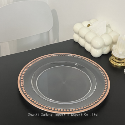 China Wholesale Rose Gold Beaded Rim Clear Charger Plates Plastic Luxury Wedding Dinner Dishes