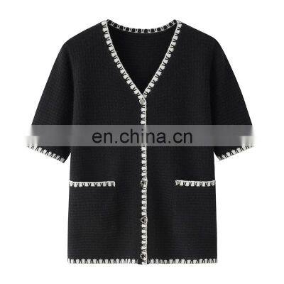 Autumn Ladies Cardigan Sweater Fancy Black Short Sleeves V-Neck Casual Knitted Cashmere Material with Pockets Decoration