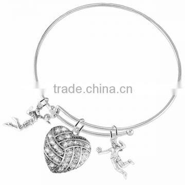 Volleyball Heart-Shaped Charm Framed by 3D Silver Tone, Detailed Lady Volleyball Serving Bracelet