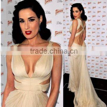 Dita Von Teese Champagne Sexy V-neck Backless Prom Dress Red Carpet Dress Spring 2012 Backless White Gown Gallery TPD225