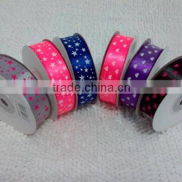 Printed satin ribbon Stars and polka dot 16mm 25mm 38mm pink purple and black