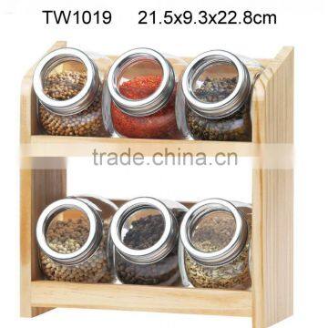 6pcs glass spice jar with wooden rack (TW1019)