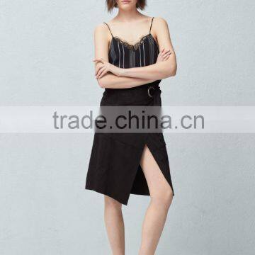 Custom Slit With Buckle Women Black Faux Suede Wrap Skirt
