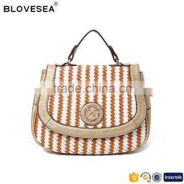 Manual weave contrast color metal Logo PU leather ladies crossbody bag