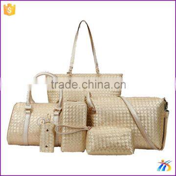 Woven pvc material handbag 6pcs in 1 set style champagne lady's handbag womens