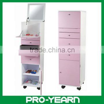 Wooden Cosmetic Jewelry Cabinet with Mirrored Lid Tabletop Drawers Flannelette Knobs Hinges Chains Door Rack Shelf Board Casters