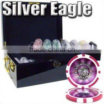 500pc Silver Eagle Poker Chip Set with Black Mahogany Case